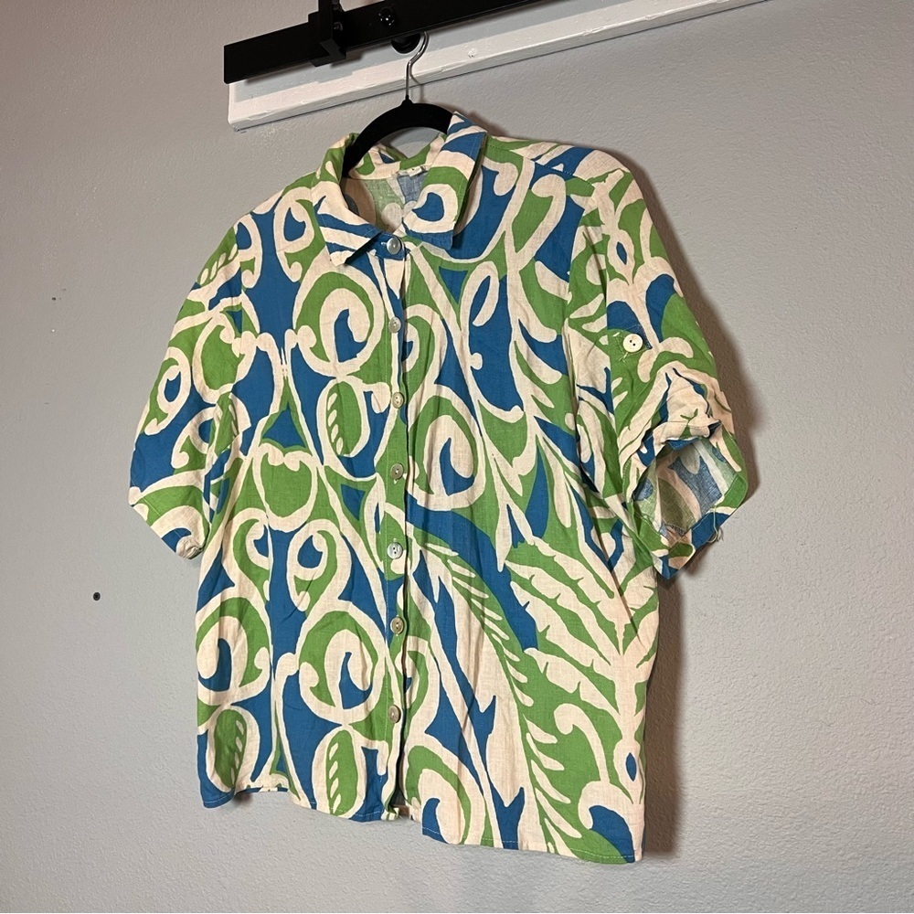 Christian Siriano Womens Linen Blend Button Up Shirt L Blue Green Cream
